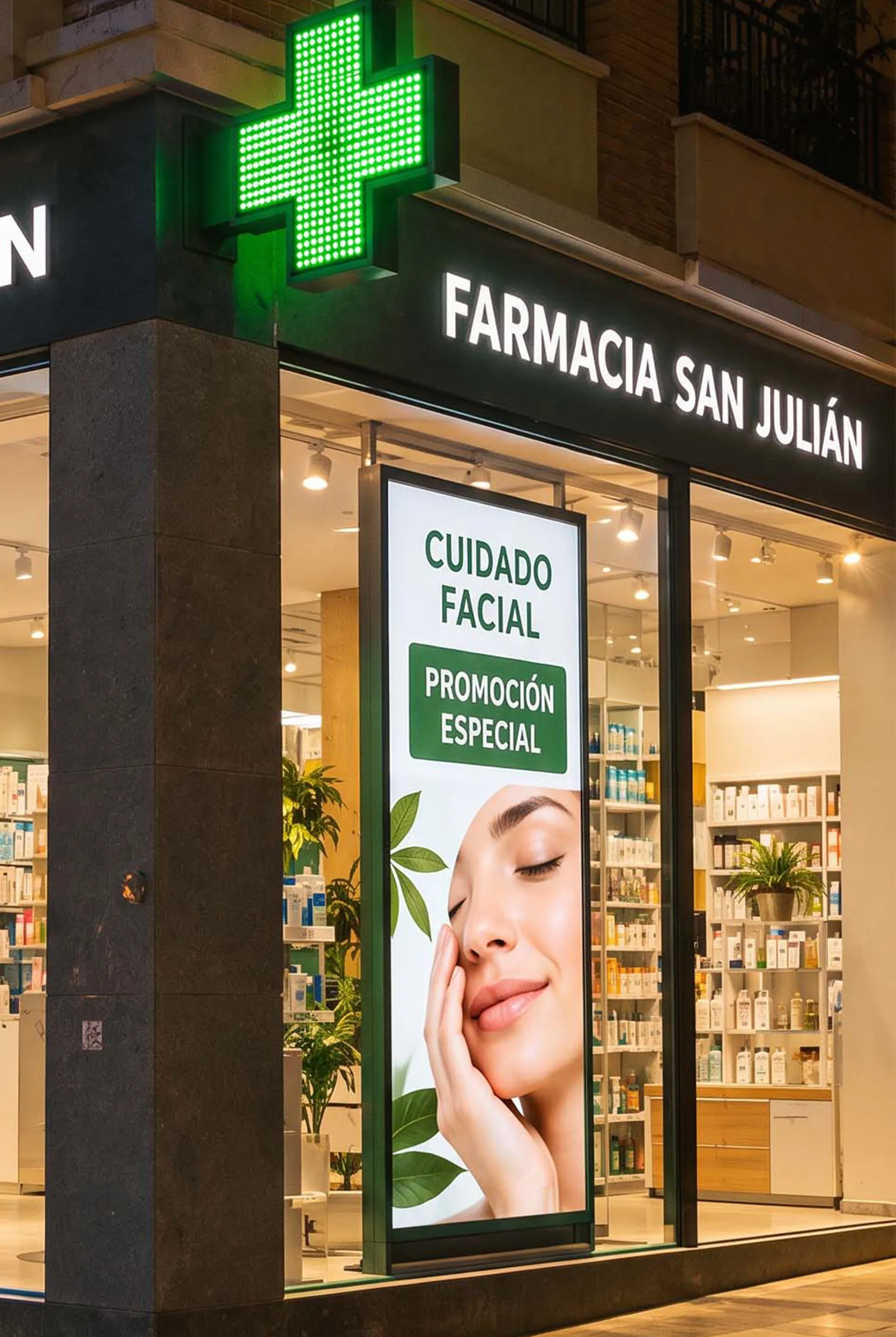 Farmacia con pantalla digital en el escaparate