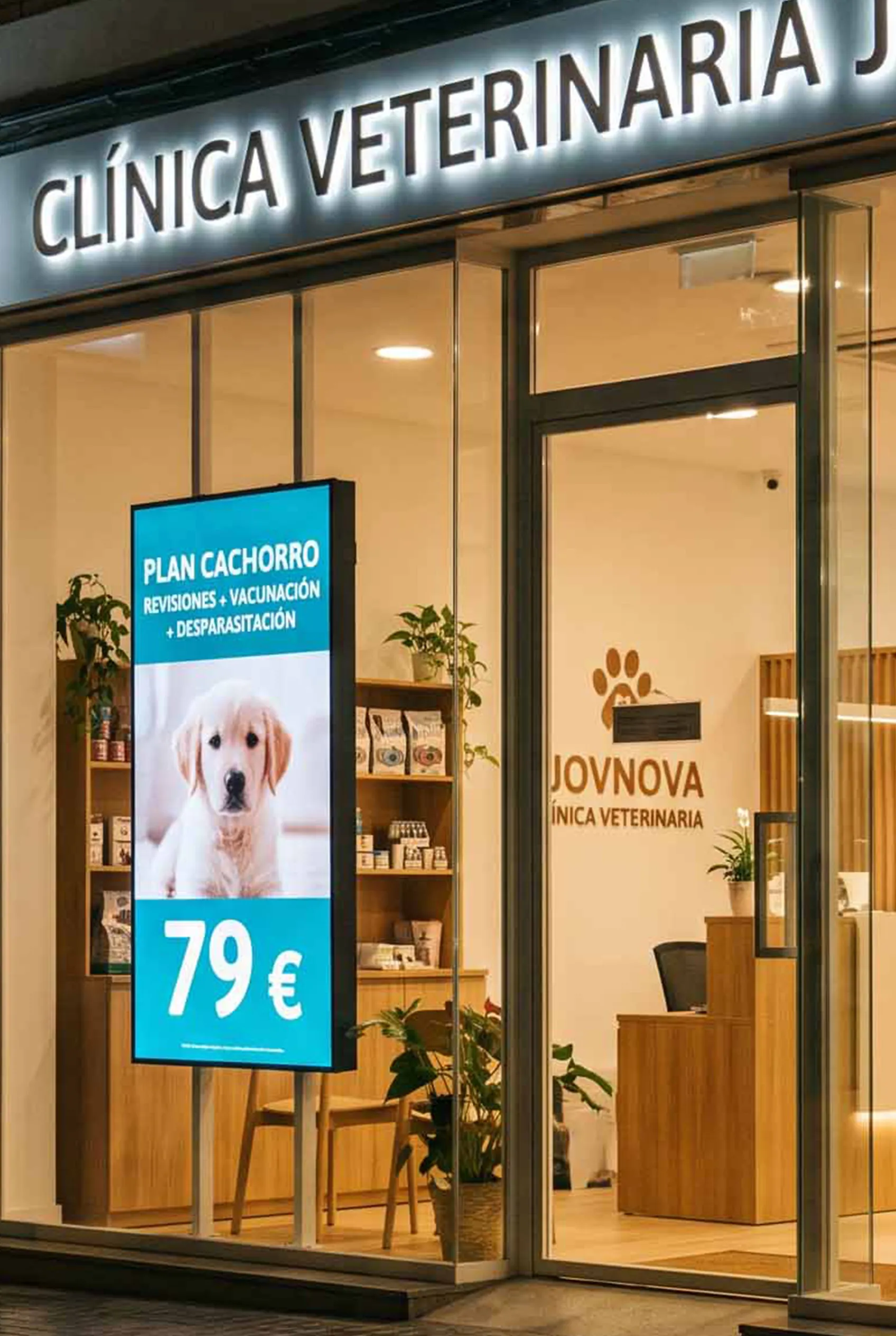 Clínica veterinaria con pantalla digital en el escaparate