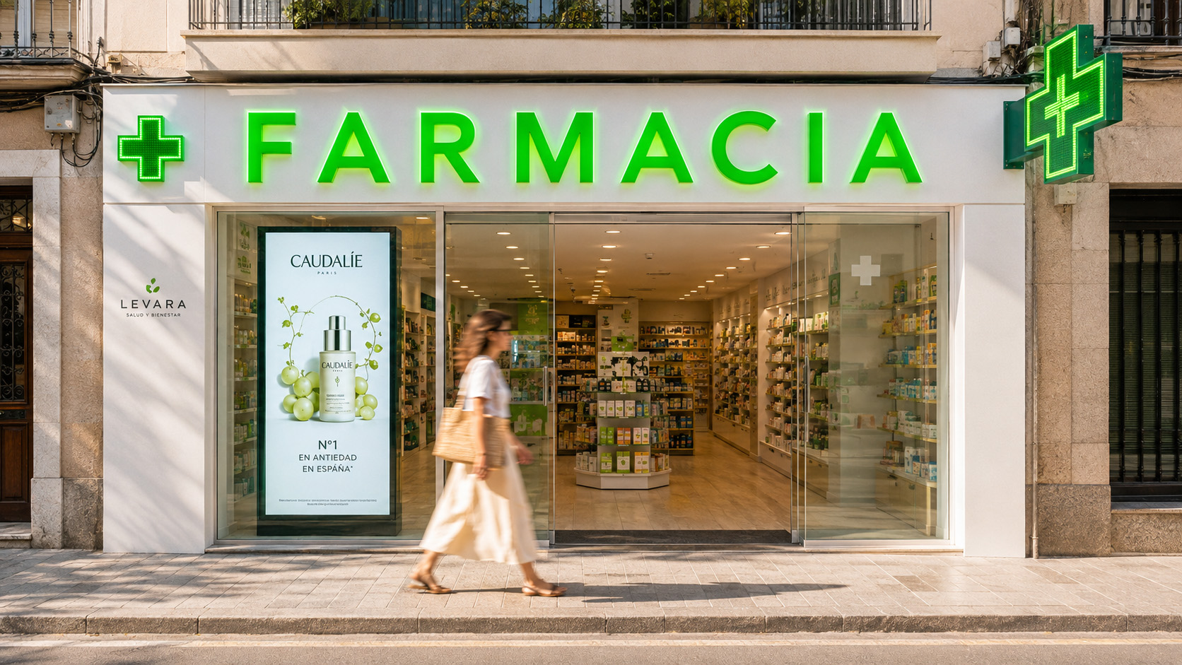 Farmacia con pantalla digital en el escaparate